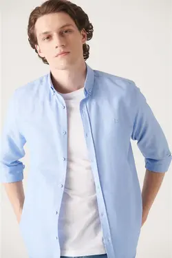پیراهن متناسب دکمه‎دار یقه آبی روشن مردانه برند Avva کد 1651113546