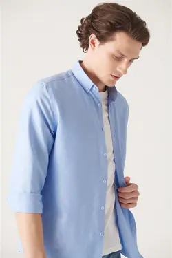 پیراهن متناسب دکمه‎دار یقه آبی روشن مردانه برند Avva کد 1651113546