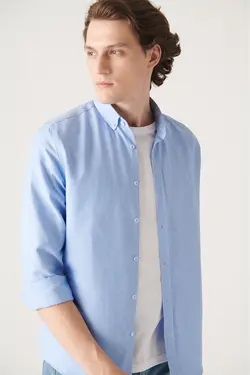 پیراهن متناسب دکمه‎دار یقه آبی روشن مردانه برند Avva کد 1651113546