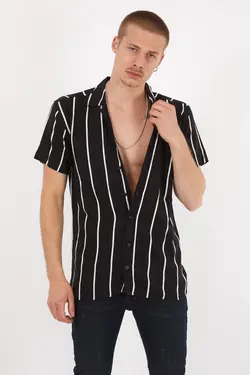 پیراهن یقه آستین کوتاه تابستانی راه‎راه مشکی مردانه برند B Basicolic کد 1651113486