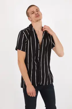 پیراهن یقه آستین کوتاه تابستانی راه‎راه مشکی مردانه برند B Basicolic کد 1651113486