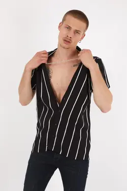 پیراهن یقه آستین کوتاه تابستانی راه‎راه مشکی مردانه برند B Basicolic کد 1651113486