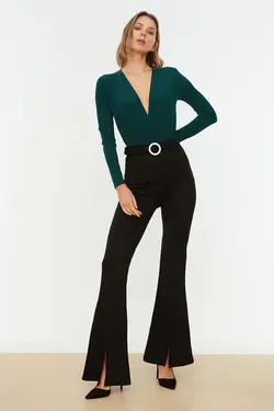 کمربند نگین‎دار بافتنی طرح چاکدار کمربند‎دار شلوار مشکی برند TRENDYOLMİLLA کد 1651470303