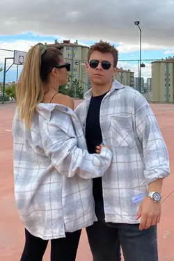 پیراهن جیب دار گشاد کلفت تک طوسی روشن چهارخونه برند PUMP BUTİK کد 1651371910