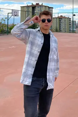 پیراهن جیب دار گشاد کلفت تک طوسی روشن چهارخونه برند PUMP BUTİK کد 1651371910