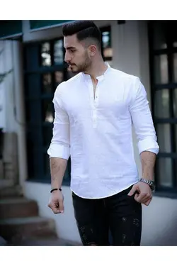 پیراهن اضافی اسلیم فیت کتان یقه دیپلمات سفید مردانه برند moda biz کد 1651371393