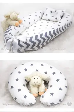 بالشت تخت خواب شیردهی ارتوپدیک نوک زیگ زاگ ستاره دار طوسی محصول برند Babynest کد 1651760767