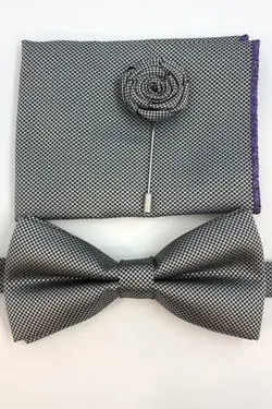 ست پاپیون یقه سوزن دار دستمال طرح‎دار طوسی مردانه برند Quesste Accessory کد 1651711449