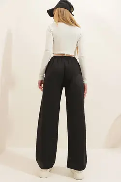 شلوار راحتی دور کمر بلند دو جیبه پاچه گشاد جلو با مشکی زنانه برند Trend Alaçatı Stili کد 1651709826