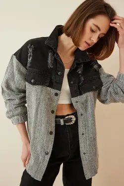 کت کمربند سیاه جین تیکه دار کمربند‎دار طوسی زنانه برند Happiness İstanbul کد 1652000216