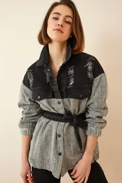 کت کمربند سیاه جین تیکه دار کمربند‎دار طوسی زنانه برند Happiness İstanbul کد 1652000216