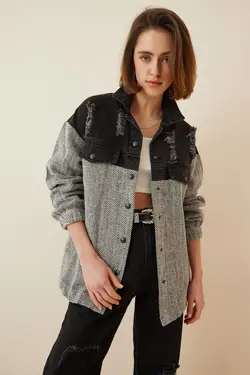 کت کمربند سیاه جین تیکه دار کمربند‎دار طوسی زنانه برند Happiness İstanbul کد 1652000216