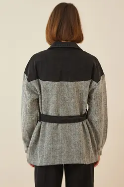 کت کمربند سیاه جین تیکه دار کمربند‎دار طوسی زنانه برند Happiness İstanbul کد 1652000216