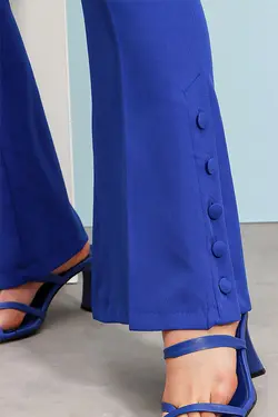 پارچه بافته شده کمر پاچه اسپانیایی دکمه دار کمربند‎دار آبی شلوار زنانه برند Trend Alaçatı Stili کد 1651992601