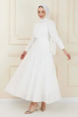 لباس مجلسی پوشیده دکمه‎دار شیفون سفید کمربند دار برند İmajButik کد 1651826115