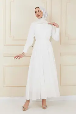 لباس مجلسی پوشیده دکمه‎دار شیفون سفید کمربند دار برند İmajButik کد 1651826115