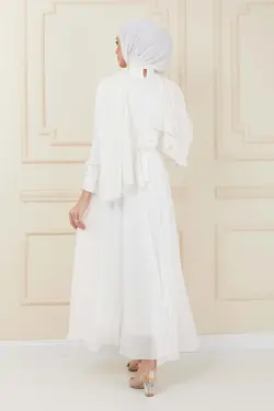 لباس مجلسی پوشیده دکمه‎دار شیفون سفید کمربند دار برند İmajButik کد 1651826115