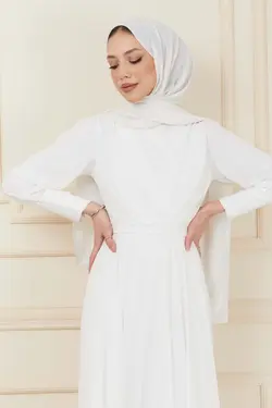 لباس مجلسی پوشیده دکمه‎دار شیفون سفید کمربند دار برند İmajButik کد 1651826115