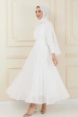 لباس مجلسی پوشیده دکمه‎دار شیفون سفید کمربند دار برند İmajButik کد 1651826104