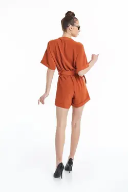 سرهمی شلوارک کمربند‎دار آستین کوتاه آجری برند Okçu Triko کد 1652093109