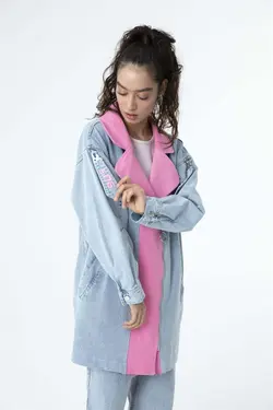 کت شستشو جین زیر طرحدار یقه دار شسته صورتی زنانه برند Garmi کد 1652221511