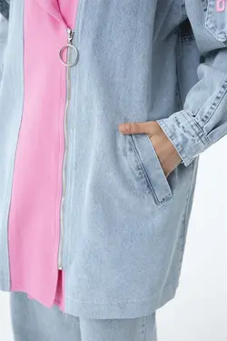 کت شستشو جین زیر طرحدار یقه دار شسته صورتی زنانه برند Garmi کد 1652221511