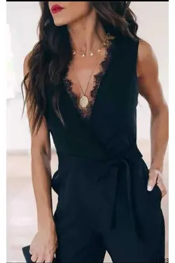 سرهمی مجلسی جیب دار پارچه کرپ کشی طرح توری یقه کمربند‎دار مشکی برند Secret Passion Lingerie کد 1652211967