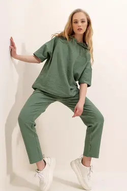 ست لباس راحتی برش راحت کلاهدار آستین کوتاه بافتنی یشمی زنانه برند Trend Alaçatı Stili کد 1652215508