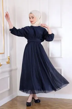 مجلسی درخشان طرح‎دار سرمه ای کمربند پارچه برند Şule Giyim کد 1652190246