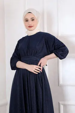 مجلسی درخشان طرح‎دار سرمه ای کمربند پارچه برند Şule Giyim کد 1652190246