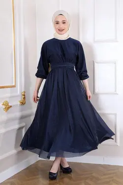 مجلسی درخشان طرح‎دار سرمه ای کمربند پارچه برند Şule Giyim کد 1652190246