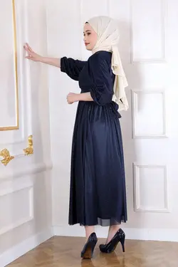 مجلسی درخشان طرح‎دار سرمه ای کمربند پارچه برند Şule Giyim کد 1652190246