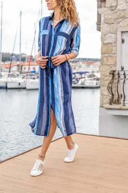 پیراهن بلند چاک دار کمربند‎دار راه‎راه سرمه ای زنانه برند Güneşkızı کد 1652428603