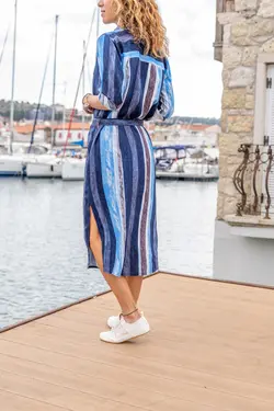 پیراهن بلند چاک دار کمربند‎دار راه‎راه سرمه ای زنانه برند Güneşkızı کد 1652428603