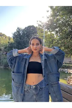 کت گشاد طرح‎دار جیبدار آبی روشن زنانه برند Biado کد 1652358315