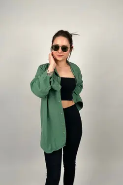 پیراهن گشاد کتان آستین بلند سبز پسته ای برند PUMP BUTİK کد 1652339765