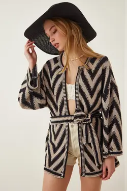 بافتنی کمربند‎دار بژ کمربند پارچه ای مشکی زنانه برند Happiness İstanbul کد 1652566447