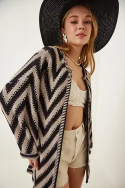 بافتنی کمربند‎دار بژ کمربند پارچه ای مشکی زنانه برند Happiness İstanbul کد 1652566447