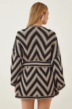 بافتنی کمربند‎دار بژ کمربند پارچه ای مشکی زنانه برند Happiness İstanbul کد 1652566447