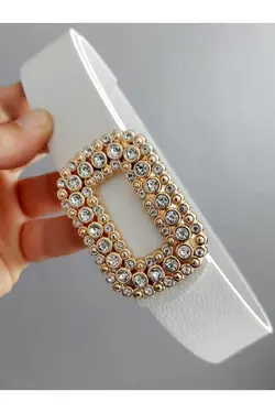 کمربند دار سگک نگین سفید طلایی زنانه برند Kemerix کد 1652559910