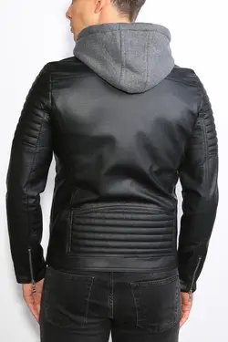 کت چرم کلاهدار برش قالب تنگ مشکی مردانه برند Delpino کد 1652687650