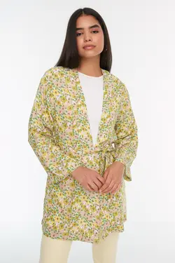 رومایوای پارجه ای طبیعی طرح‎دار جیبدار طرح گلدار سبز کمربند دار برند TRENDYOL MODEST کد 1652682651