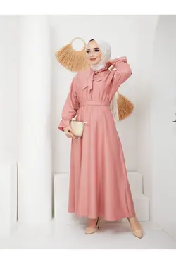 پیراهن کمر کشی دکمه‎دار بلند جلو پوشیده کمربند دار زنانه برند Trend Lalissa کد 1652693729