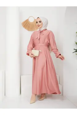 پیراهن کمر کشی دکمه‎دار بلند جلو پوشیده کمربند دار زنانه برند Trend Lalissa کد 1652693729