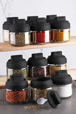 ست‎ادویه ست مات شیشه ای 300میلی لیتر درب‎دار 12عدد مشکی قاشق دار برند VIENEV کد 1652617386