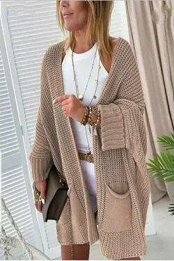 بافتنی قالب جیب دار گشاد بلند قهوه زنانه برند Devinka کد 1652597146