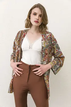 بافتنی ساده کتان کشی یقه طرح ابر و باد آستین قهوه زنانه برند Kdm Kadın Modası کد 1652596460