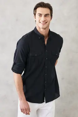 پیراهن دکمه‎دار راحت یقه روزمره آسیتن کوتاه 100پنبه برند Altınyıldız Classics کد 1652586788