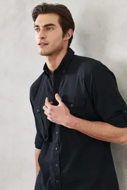 پیراهن دکمه‎دار راحت یقه روزمره آسیتن کوتاه 100پنبه برند Altınyıldız Classics کد 1652586788