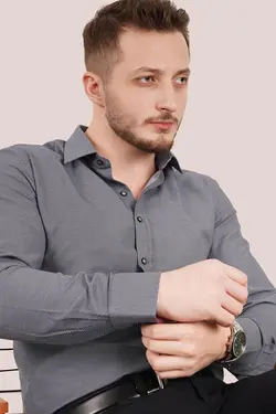 پیراهن جعبه‎دار اسلیم فیت طرح‎دار دودی مردانه برند Etikmen کد 1652814640